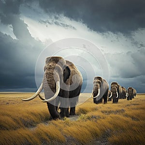 Herd of Woolly Mammoths Grazing on a Grassland Tundra