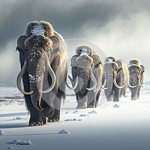 Herd of Woolly Mammoths Grazing on a Grassland Tundra