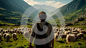 herder in a vast pasture, managing a flock of sheep, emphasizing sustainable livestock farming. Generative AI