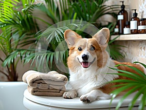 Herding dog, corgi, enjoys laying in a bathtub next to a towel