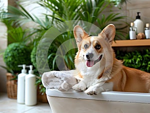 Herding dog, corgi, enjoys laying in a bathtub next to a towel