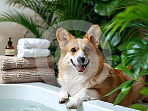 Herding dog, corgi, enjoys laying in a bathtub next to a towel