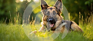 Herding dog, German shepherd, in grass, gazing at camera