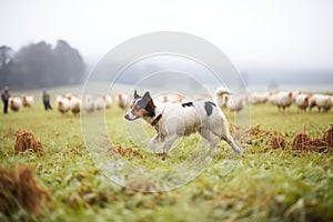 herding dog at work in a pasture with lowhanging fog
