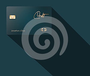 Here is a blue green credit card with gold lettering and designs