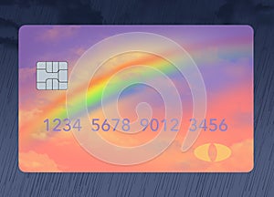 Here is a credit card that has a rainbow design and colors and is to be used on a rainy day