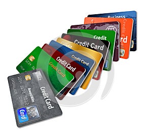 Here is a grouping of generic credit cards in a designed pattern. photo