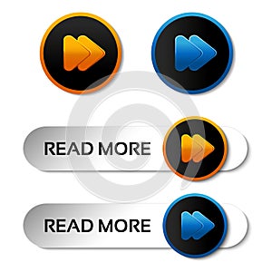 Here, read more, next, go, play buttons with arrow - labels, stiskers on the white background