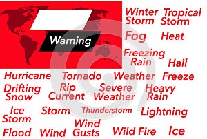 Here is a television or website over the shoulder weather warning news banner with 23 most used words