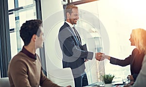 Heres to realising many great opportunities together. businesspeople shaking hands during a meeting in an office.