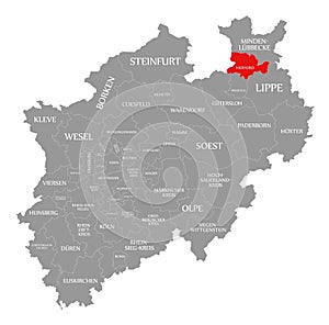 Herford red highlighted in map of North Rhine Westphalia DE photo