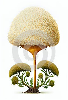 Hericium Erinaceus Botanical Illustration, Fantasy Non-Existent Mushroom