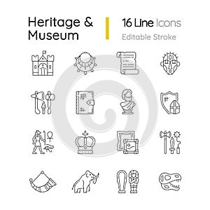Heritage and museum linear icons set