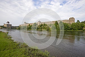 Herman Castle and Ivangorod Fortress on the Narova River. Border between Estonia and Russia
