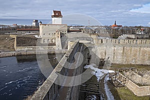 Herman\'s Castle and the walls of the Ivangorod fortress. Border between Estonia and Russia