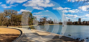 Hermann Park Houston Texas USA. The lake, fountain and lake terrace.