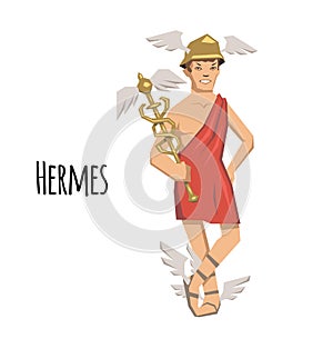 Hermes, ancient Greek god of Roadways, Travelers, Merchants and Thieves, messenger of the gods. Mythology. Flat vector