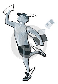 Hermes running. Greek god on white. Vector flat gray illustration