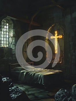 Hermit cell in monastery with cross on wall.