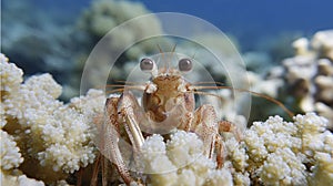 Hermit crab peeking out from soft coral in ocean photo