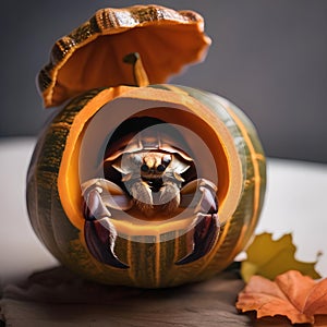 A hermit crab in a pumpkin shell costume, with a jack-olantern face1 photo