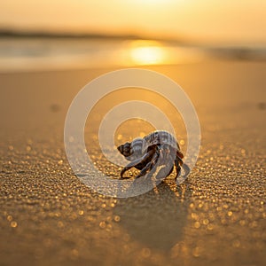 Hermit Crab on Sandy Beach at Sunset