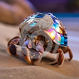 A hermit crab wearing a disco ball shell, strutting its stuff on a sandy dance floor3