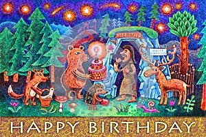 A hermit has a birthday today. A fox, a bear, a hedgehog and a deer came to congratulate him.