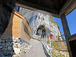 Hermit`s houses or Nachgebautes Eremitenhaus EremitenhÃÂ¤uschen oder Eremitenhaeuschen in the Appenzellerland region photo