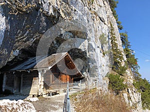 Hermit`s houses or Nachgebautes Eremitenhaus EremitenhÃÂ¤uschen oder Eremitenhaeuschen in the Appenzellerland region photo
