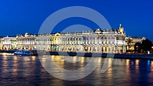 Hermitage museum Winter Palace and Neva river at night, Saint Petersburg, Russia