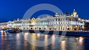 Hermitage museum Winter Palace and Neva river at night, Saint Petersburg, Russia