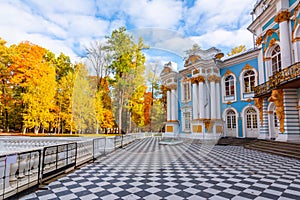Hermitage pavilion and autumn foliage in Catherine park, Pushkin Tsarskoe Selo, Saint Petersburg, Russia