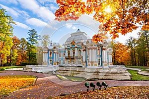 Hermitage pavilion and autumn foliage in Catherine park, Pushkin Tsarskoe Selo, Saint Petersburg, Russia