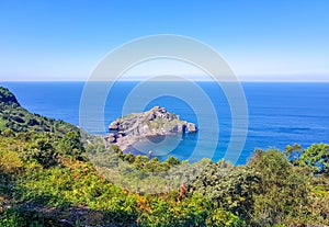 Hermitage of San Juan de Gaztelugatxe at the top of the island of Gaztelugatxe. Vizcaya, Basque Country Spain. Top view