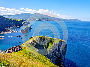 Hermitage of San Juan de Gaztelugatxe at the top of the island of Gaztelugatxe. Vizcaya, Basque Country Spain. Top view