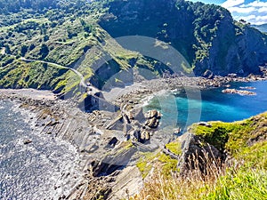 Hermitage of San Juan de Gaztelugatxe at the top of the island of Gaztelugatxe. Vizcaya, Basque Country Spain. Top view