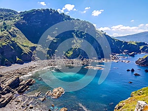 Hermitage of San Juan de Gaztelugatxe at the top of the island of Gaztelugatxe. Vizcaya, Basque Country (Spain). View of the