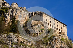 Hermitage of Sant`Onofrio in Morrone perched on the mountain