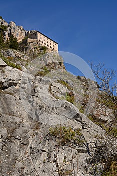 Hermitage of Sant`Onofrio in Morrone perched on the mountain