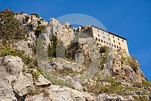 Hermitage of Sant`Onofrio in Morrone perched on the mountain