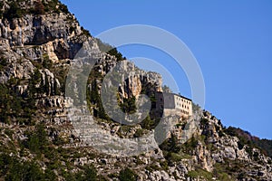 Hermitage of Sant`Onofrio in Morrone perched on the mountain