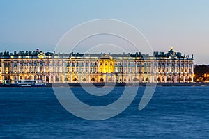 Hermitage Winter Palace and Neva river at night, Saint Petersburg, Russia