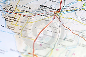 Hermosillo city road map area. Closeup macro view photo