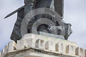 Hernan Cortes Monument. Aztec idols under his feet. Medellin, Extremadura