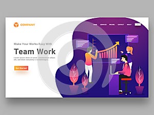 Hero banner or website template design with business people defining growth statistical chart together for teamwork concept.