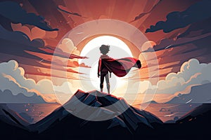 hero child with cape stand on a cliff AI generated