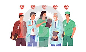 Hero doctors. Health care medical team. Medics and nurses standing together. Clinic workers heal and save lives