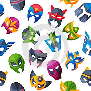 Hero mask vector face masque and masking cartoon character illustration superhero set of powerful masked symbol isolated