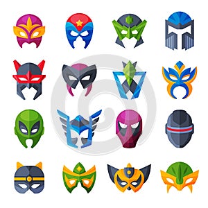 Hero mask vector superhero face masque and masking cartoon character illustration set of powerful masked symbol isolated